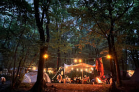 夜のキャンプ場の灯り