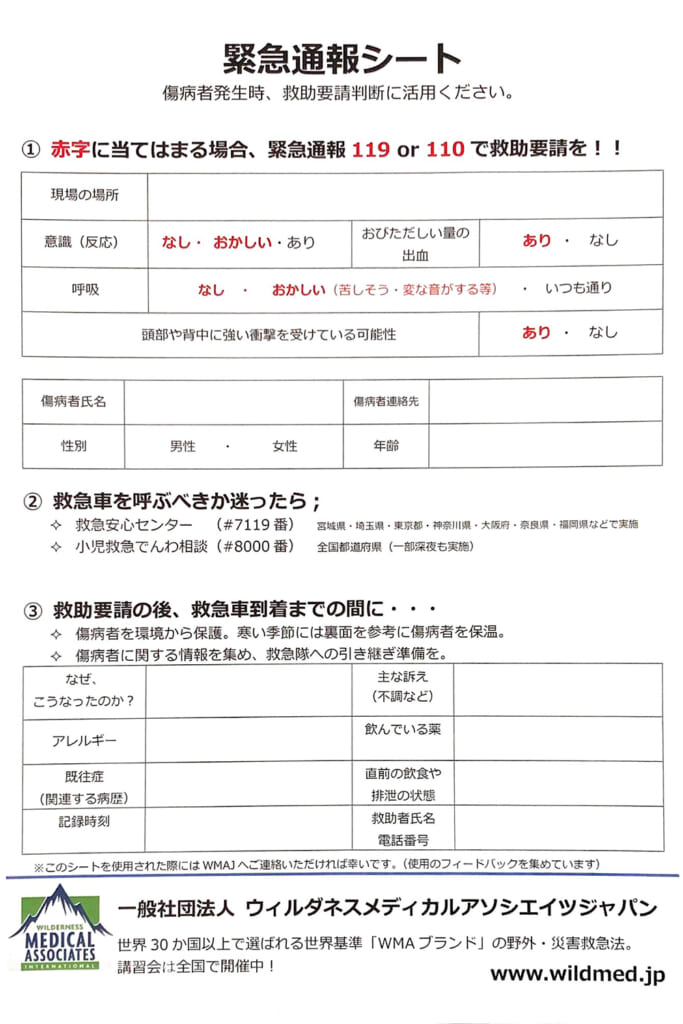 ダウンロードしておきたい緊急通報シート