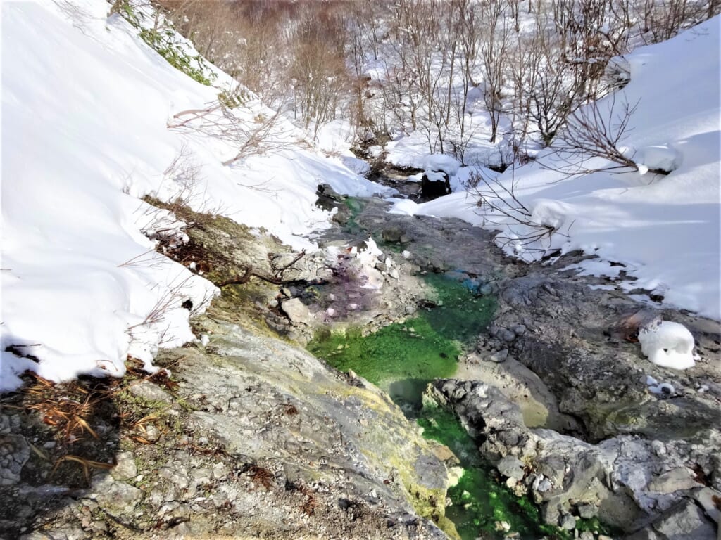 沢に沸く翡翠色の野湯