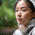 雨キャンプをする女性