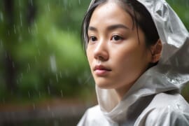 雨キャンプをする女性