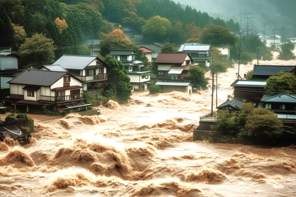 氾濫して濁流が流れる河川