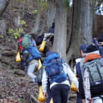 勾配のある山中を登る参加者の後ろ姿