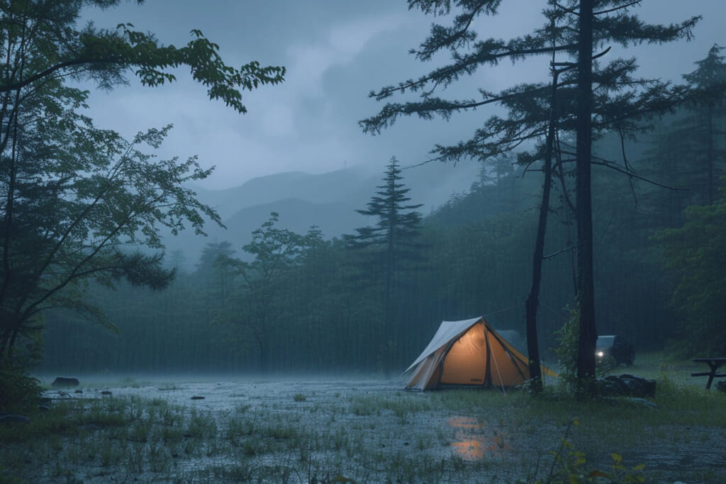 雨の中のキャンプ