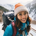 雪山登山する女性ハイカー