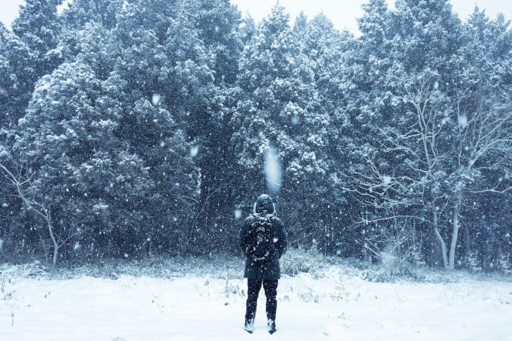 雪の中で立つ人