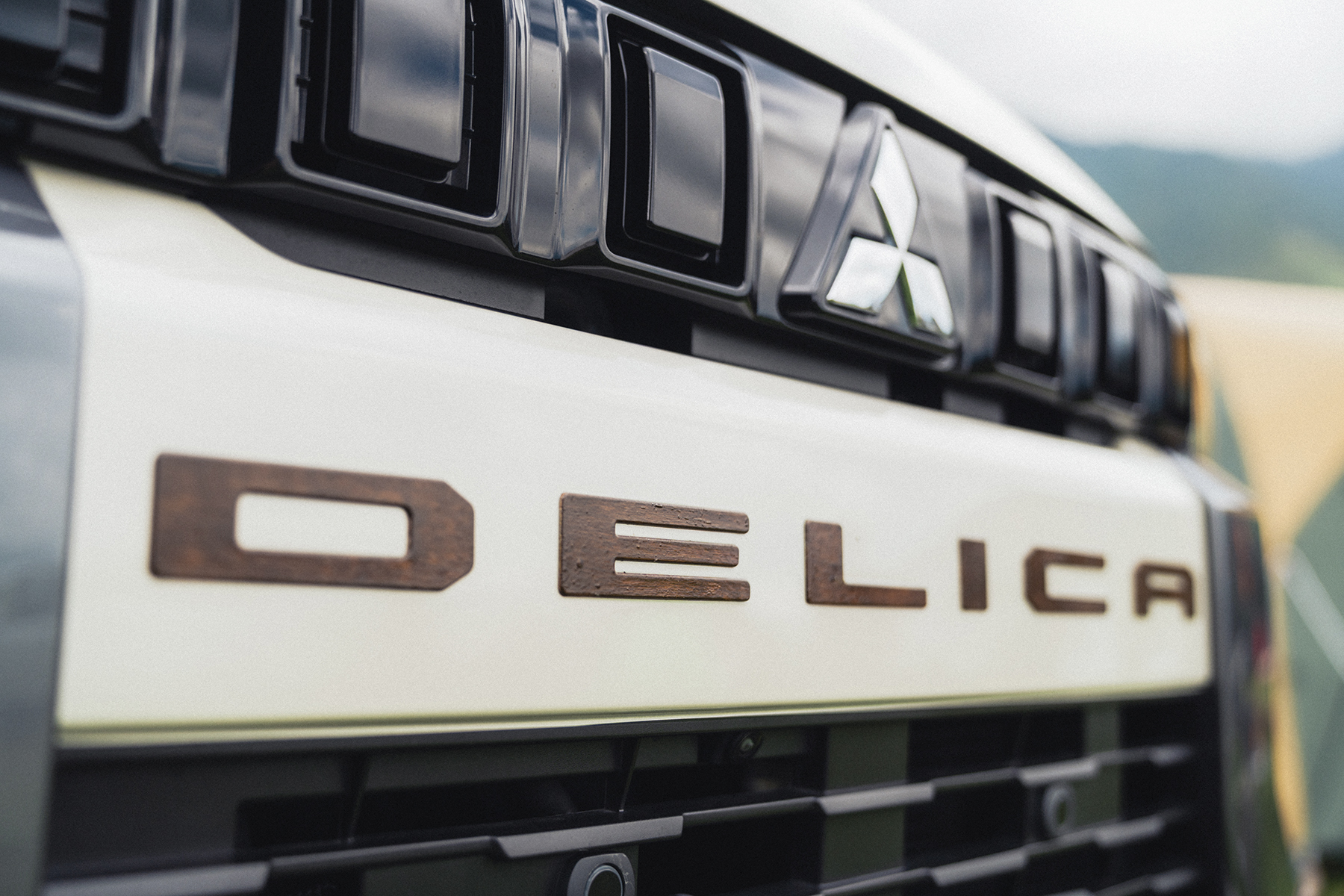フロントバンパーの車名ロゴ部分をウッド塗装した三菱・デリカミニ