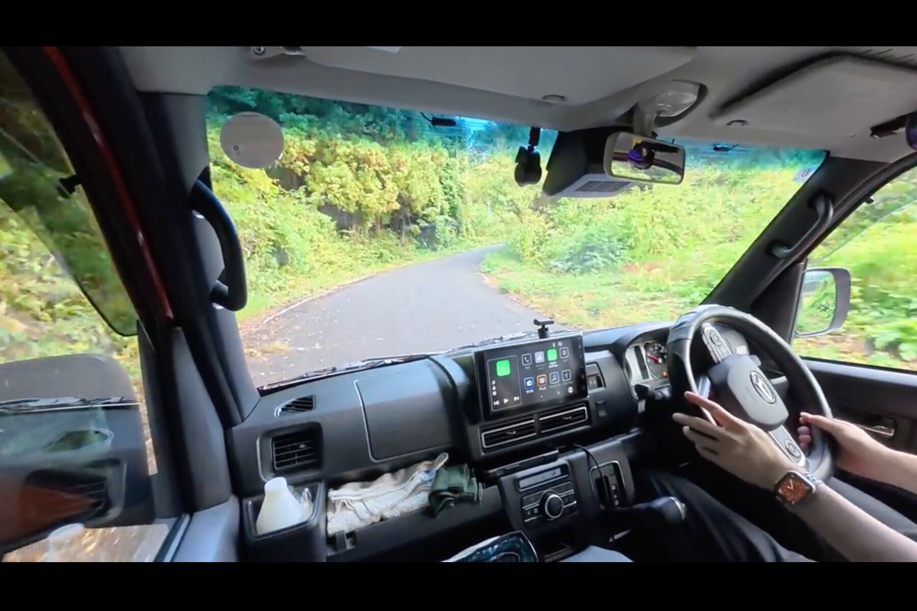 Youtubeチャンネル「Dentan」の動画「軽自動車と山で独りぼっちの車中泊」で緑豊かな山道を運転するシーン