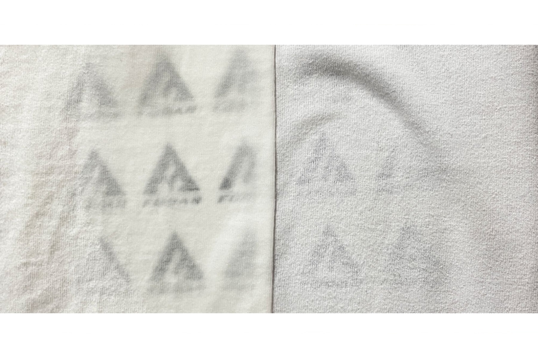 写真右がおたふく手袋「FUBAR」の濡れても透けにくい白Tシャツ