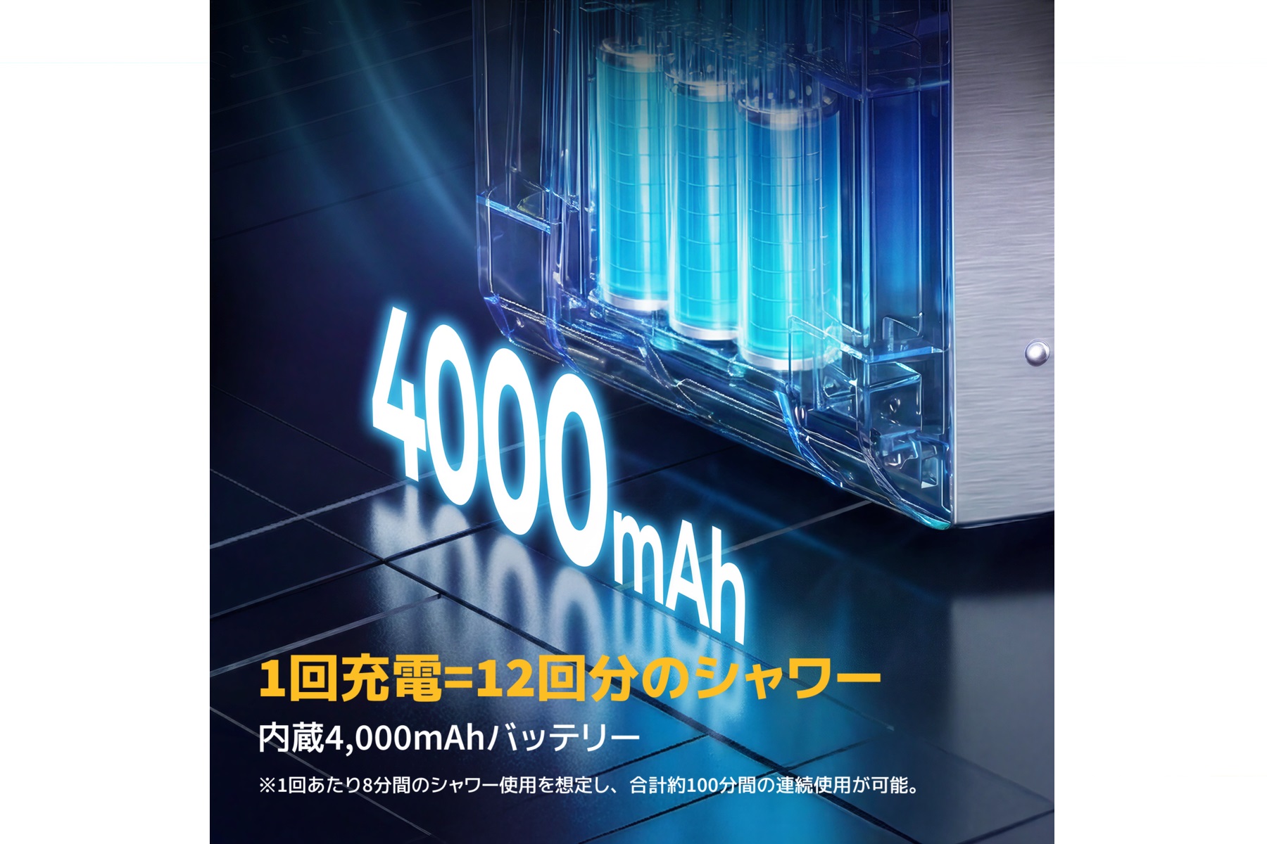 BougeRVのポータブル給湯器は、4000mAhのバッテリーを内蔵し、一充電で約100分間の連続使用が可能