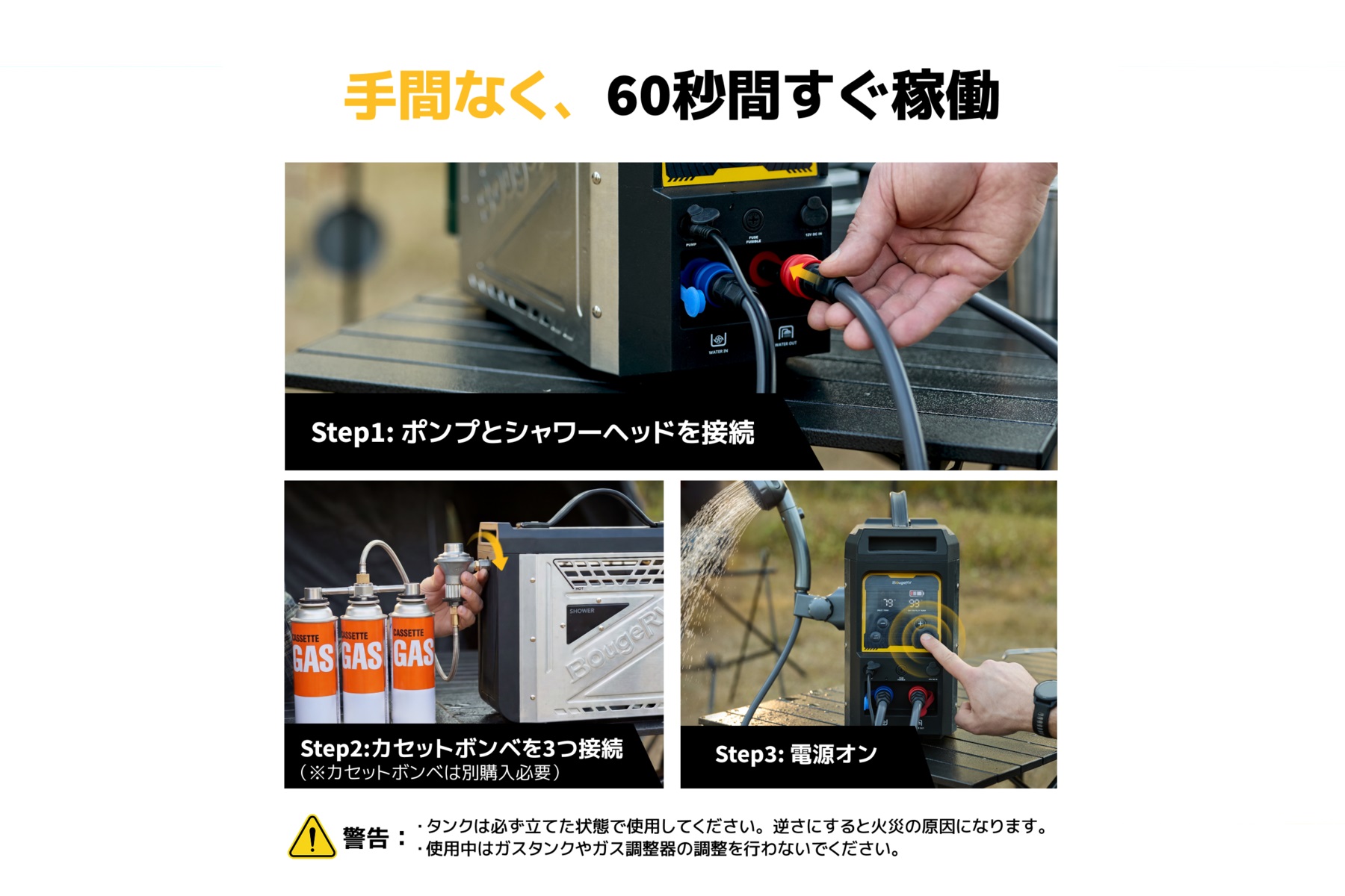 BougeRVポータブル給湯器の使用手順