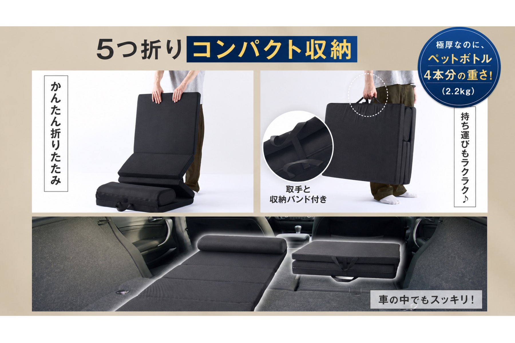 GOKUMIN「ネムトリップマットレス」は5つ折り構造でコンパクトに収納できる