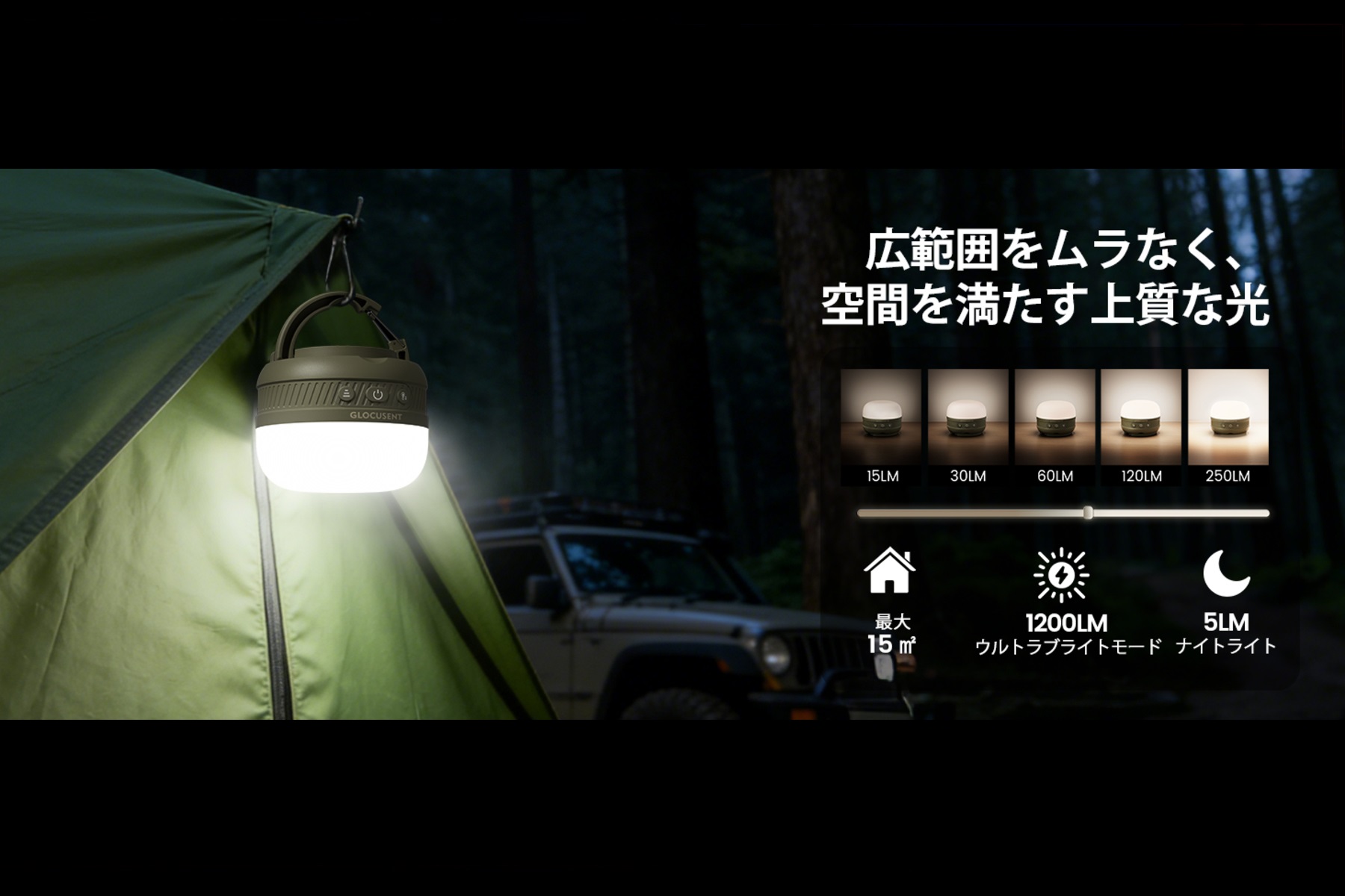 GlocusentのC13キャンプライトの光り方や各性能