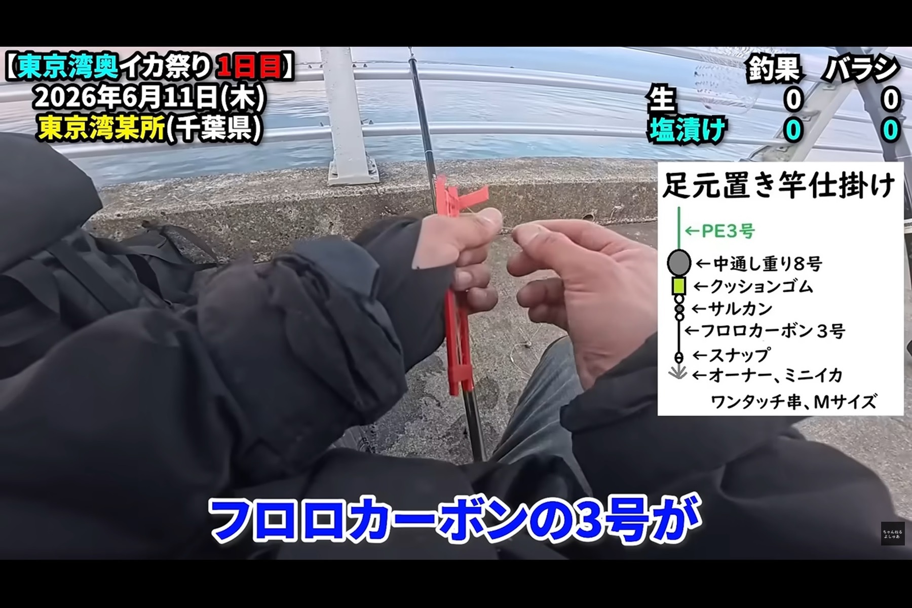 画像の足元置き竿仕掛けで挑んだ東京湾のシリヤケイカ釣り