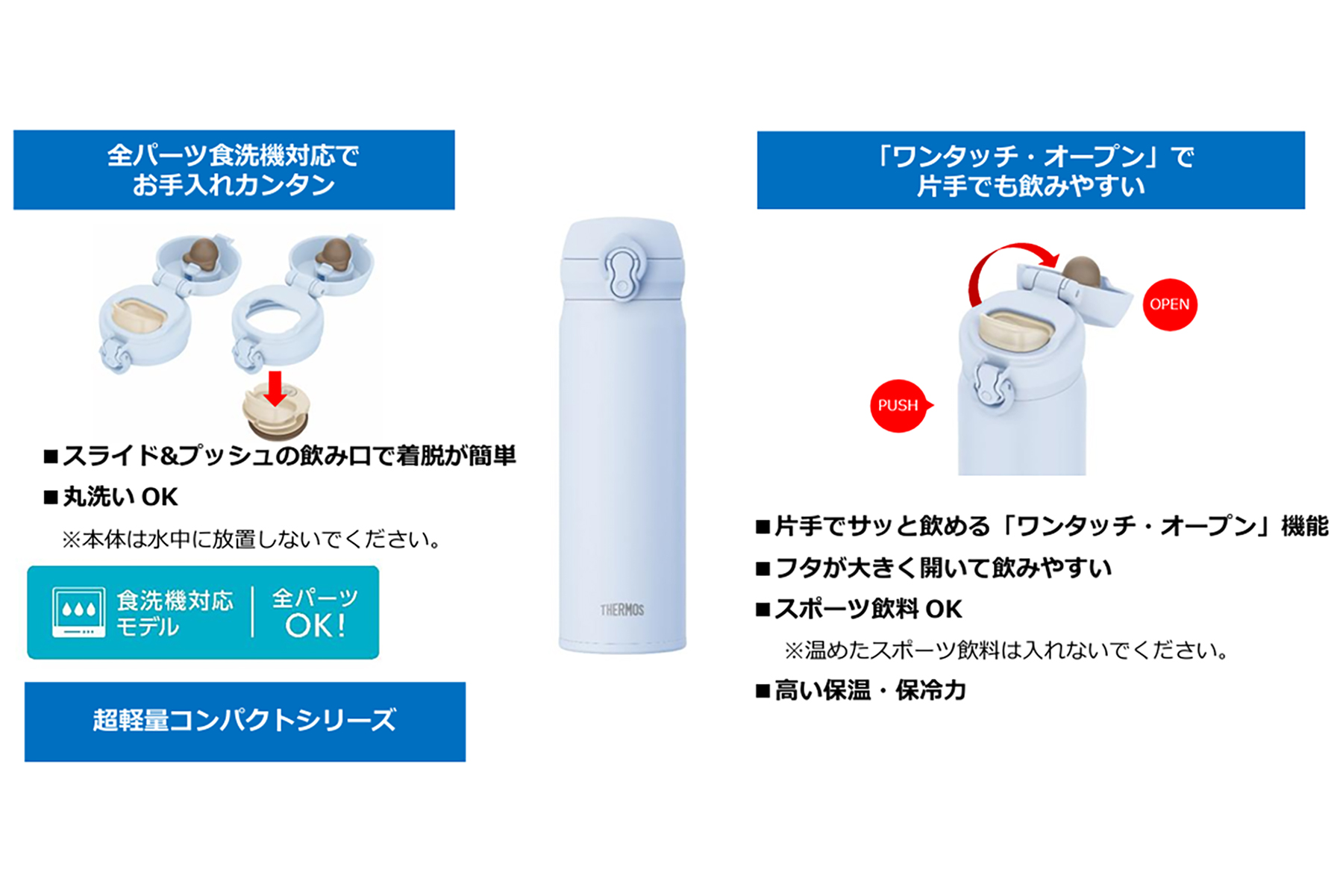 2026年8月21日にリニューアルされるサーモス水筒の特徴解説図