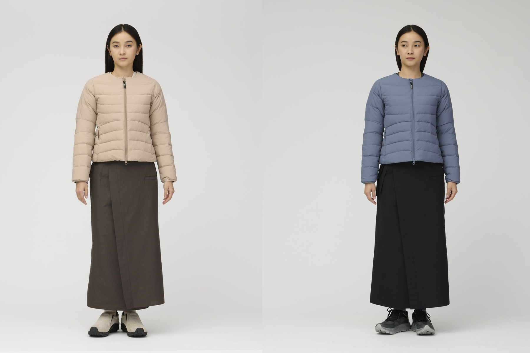 スノーピーク「Middler Down Collarless Jacket W's」左ライトブラウン、右ライトブルー