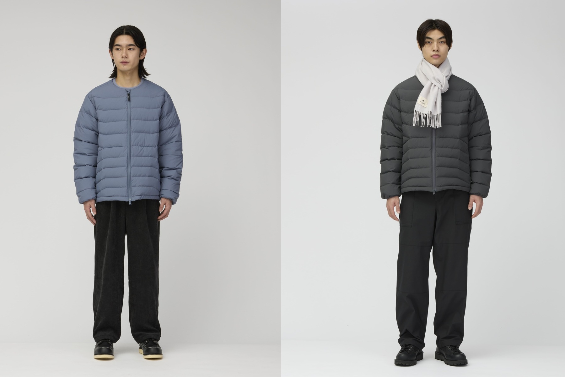 スノーピーク「Middler Down Collarless Jacket」左ライトブルー、右チャコール