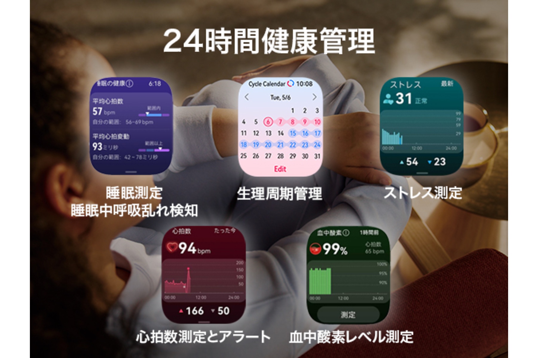 「HUAWEI WATCH FIT 4 サファイアガラス」には24時間連続の健康管理が搭載されている