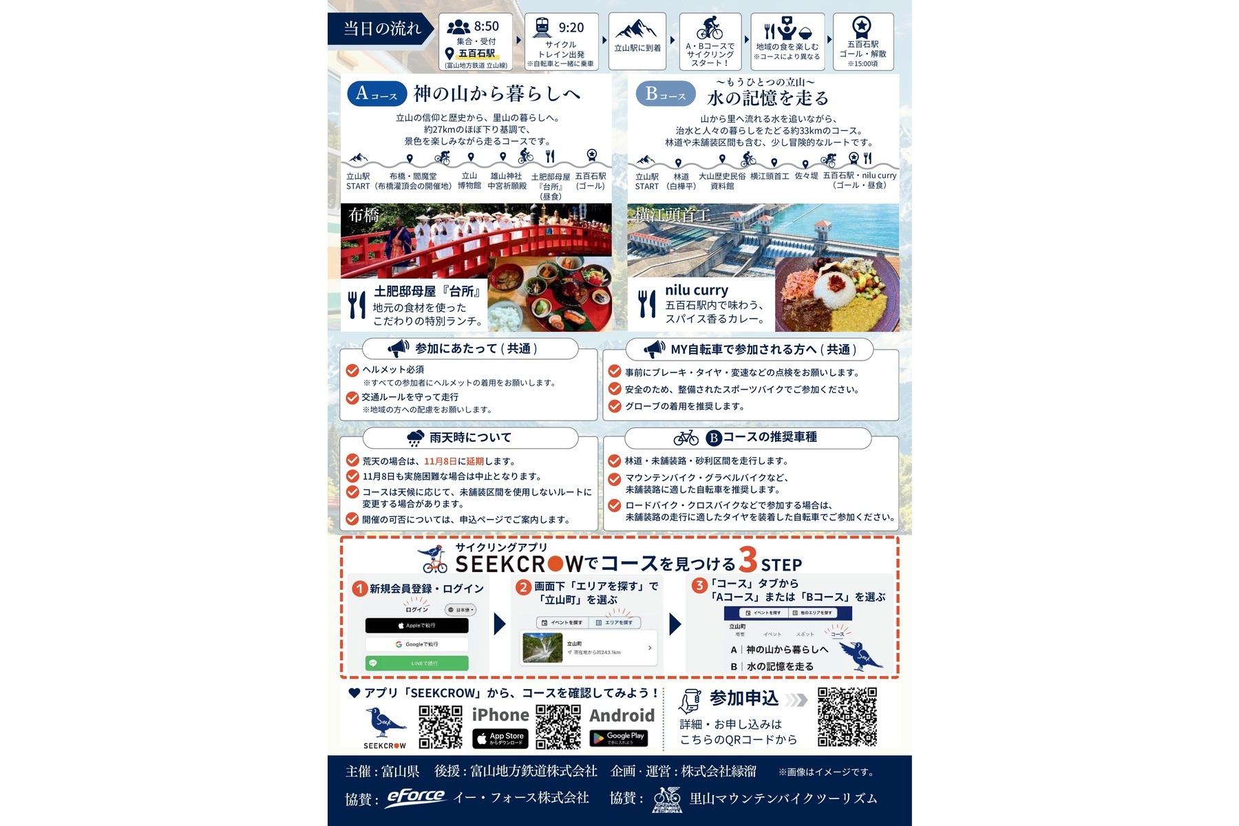 2026年11月7日に開催されるサイクリングイベント「立山線プロジェクトRail & Cycleダウンヒル・アドベンチャー」のコースプラン2種類