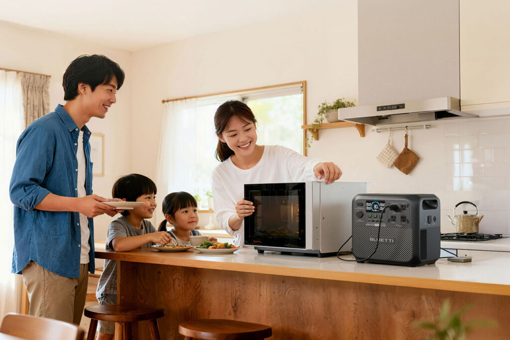 BLUETTI「AORA 200 V2」で電子レンジを起動させているところ